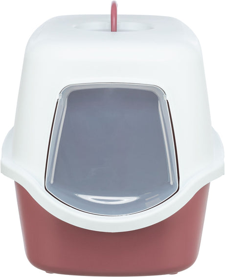 Katzentoilette mit Haube in Weiß und Rot, mit einer transparenten Schwingtür vorne.
