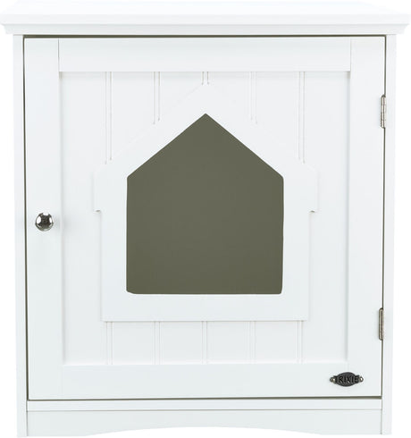 Weiße Schranktür mit einem grauen, hausförmigen Fenster und einem metallischen Knauf auf der linken Seite.