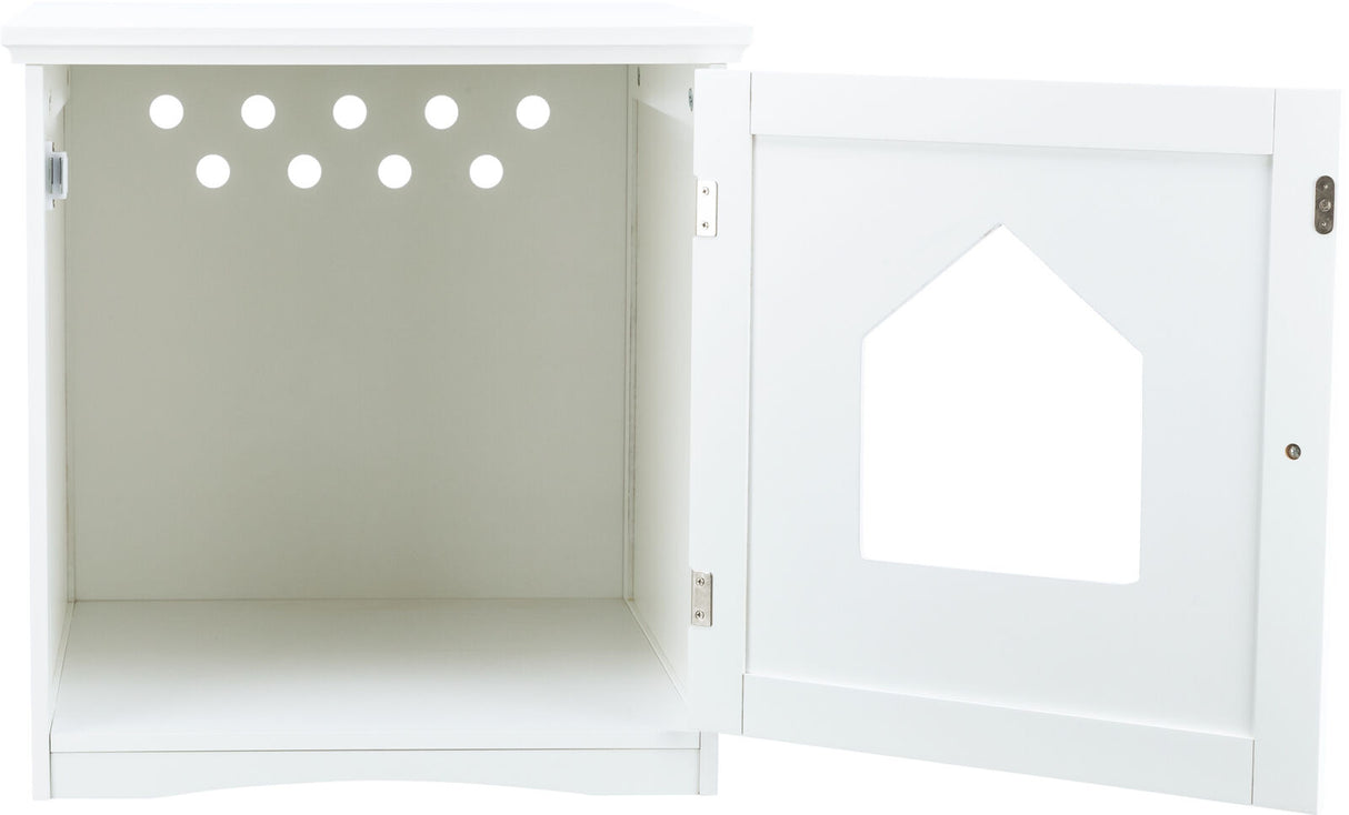 Weißer offener Schrank mit runden Lüftungslöchern und geometrischem Ausschnitt auf der rechten Tür.
