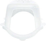 Weißer, transparenter Plastikdeckel mit runder Öffnung und eingekerbten Kanten an den Seiten.
