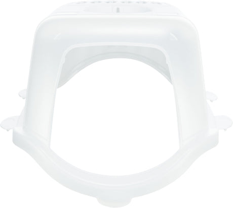 Weißer, transparenter Plastikdeckel mit runder Öffnung und eingekerbten Kanten an den Seiten.
