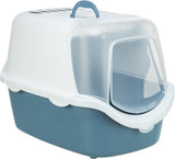 Geschlossene Katzentoilette mit Haube in Blau und Weiß, mit Griff oben und Lüftungsschlitzen.