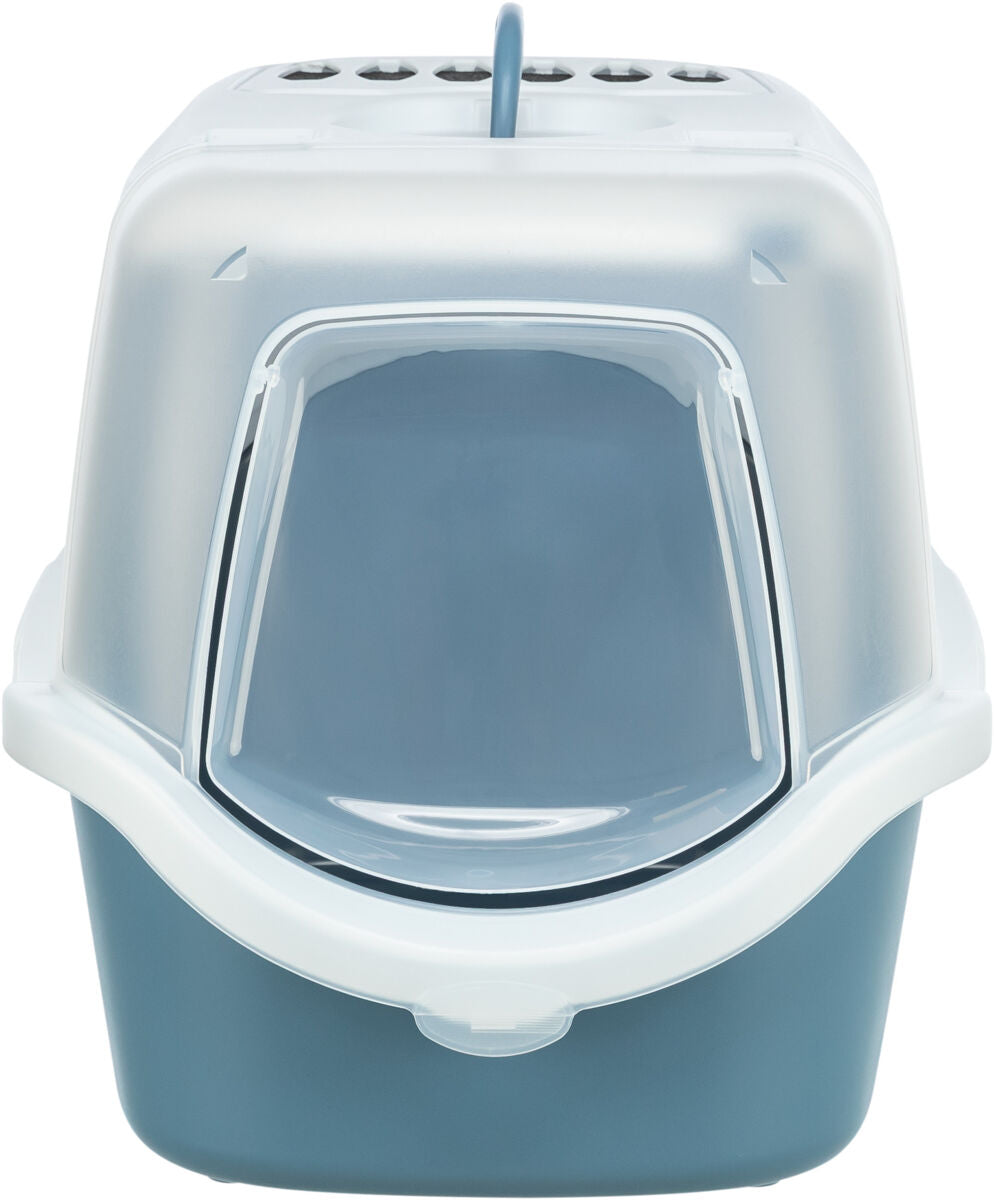 Geschlossene Katzentoilette in Blau und Weiß mit einer transparenten Klappe und Lüftungsschlitzen oben.