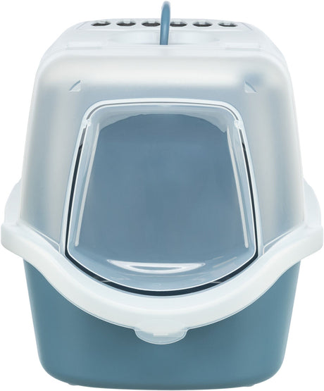 Geschlossene Katzentoilette in Blau und Weiß mit einer transparenten Klappe und Lüftungsschlitzen oben.