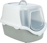 Katzentoilette mit Haube in Weiß und Grau, transparente Tür und oberer Griff, seitliche Lüftungsschlitze.