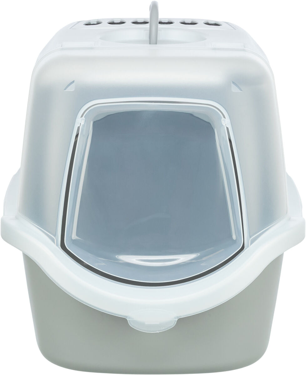 Geschlossene Katzentoilette mit Haube und Klapptür in Grau und Weiß, oben Lüftungsschlitze sichtbar.