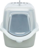 Geschlossene Katzentoilette mit Haube und Klapptür in Grau und Weiß, oben Lüftungsschlitze sichtbar.