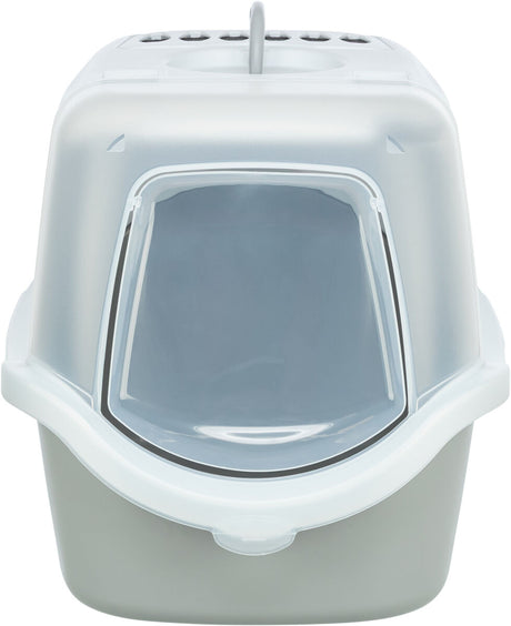 Geschlossene Katzentoilette mit Haube und Klapptür in Grau und Weiß, oben Lüftungsschlitze sichtbar.