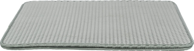 Rechteckige, graue Matte mit wabenförmiger Oberfläche und einem grauen Rand aus Textilstoff.