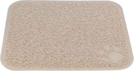 Beige, rechteckige, strukturierte Matte mit einer Pfotenabdruck-Prägung in der Ecke.