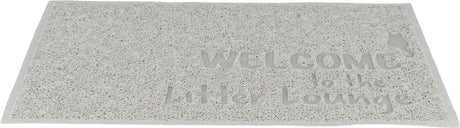 Beige Matte mit der Aufschrift "WELCOME to the Litter Lounge" und einer kleinen Katzen-Silhouette rechts.