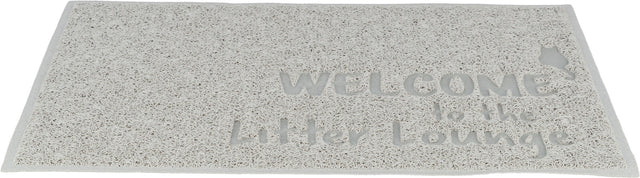 Beige Matte mit der Aufschrift "WELCOME to the Litter Lounge" und einer kleinen Katzen-Silhouette rechts.