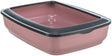 Rechteckige katzenartige Schale in Rosa mit schwarzem Rand, offen und ohne Haube.