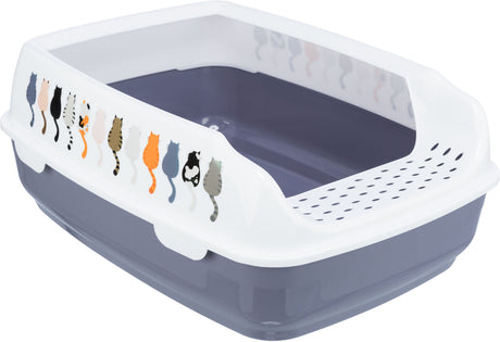 Offene Katzentoilette mit weißem Rand, verziert mit bunten Katzenmotiven, dunkelgraues Unterteil.