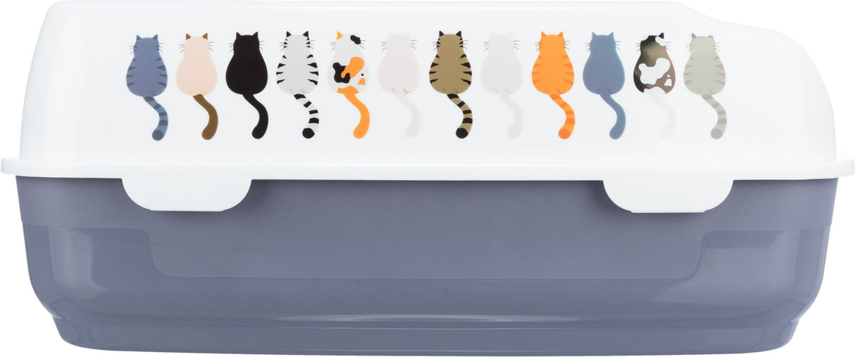 Geschlossene Katzentoilette mit weißem Deckel und mehreren bunten Katzenabbildungen auf der Oberseite des Deckels.