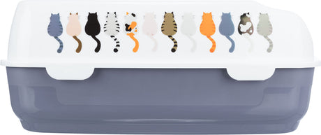 Geschlossene Katzentoilette mit weißem Deckel und mehreren bunten Katzenabbildungen auf der Oberseite des Deckels.