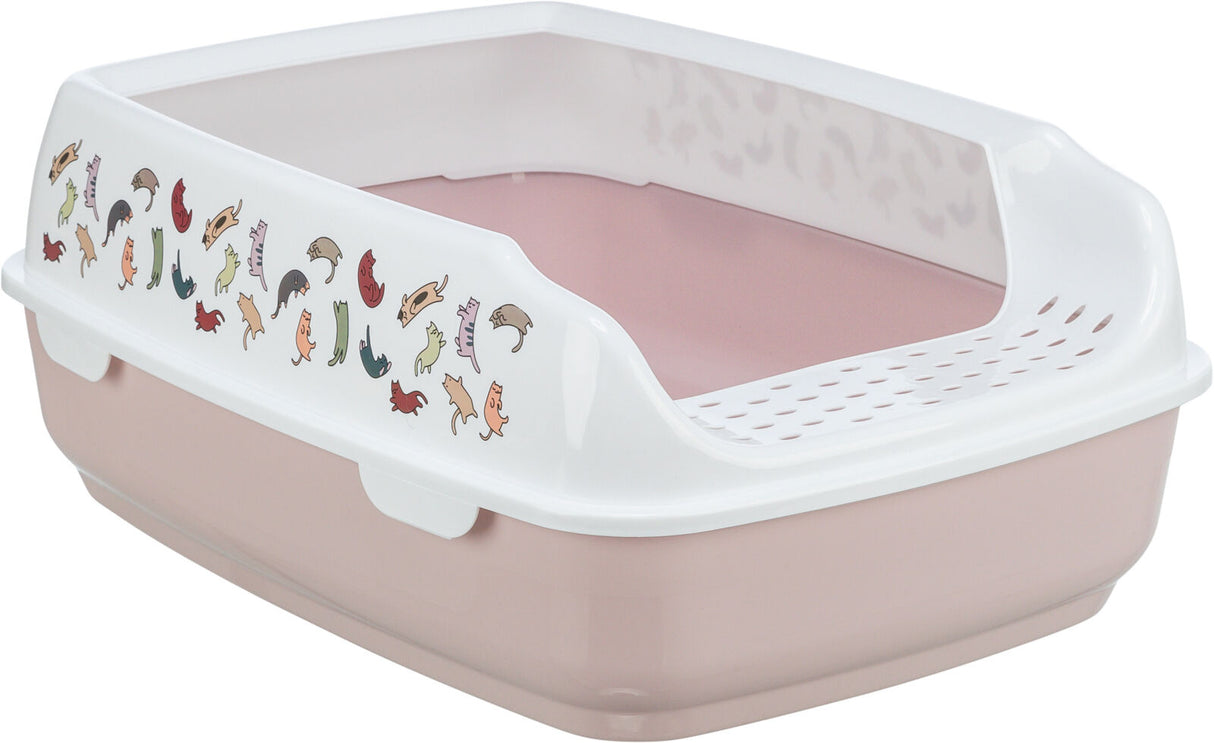 Offene Katzentoilette in Rosa und Weiß mit Katzenmotiven auf der Außenseite und einem erhöhten Rand.