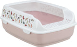 Offene Katzentoilette in Rosa und Weiß mit Katzenmotiven auf der Außenseite und einem erhöhten Rand.