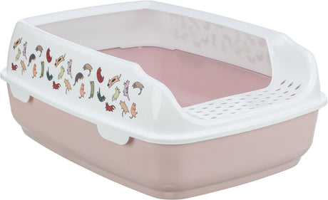 Offene Katzentoilette in Rosa und Weiß mit Katzenmotiven auf der Außenseite und einem erhöhten Rand.
