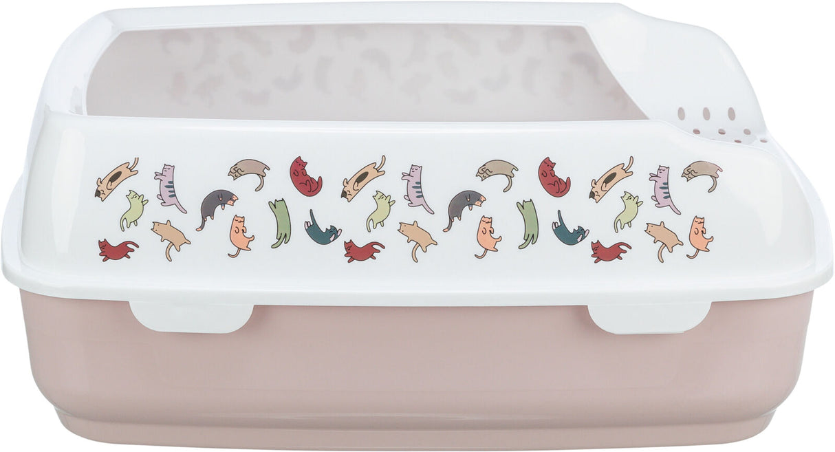 Geschlossene Katzentoilette mit cremefarbenem Deckel und buntem Katzendruck auf der Vorderseite.