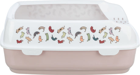 Geschlossene Katzentoilette mit cremefarbenem Deckel und buntem Katzendruck auf der Vorderseite.