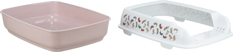Rechteckige, offene Katzentoilette in Rosa mit weißem Randaufsatz, dekoriert mit Katzenmotiven.