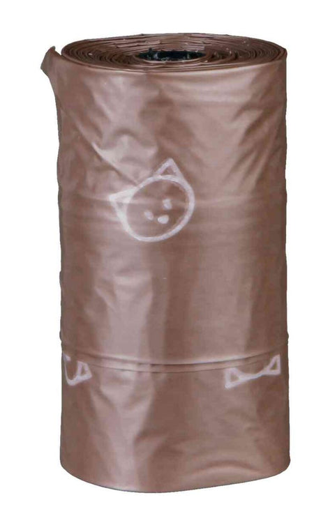 Braune Rolle aus Kunststoff mit Katzenmotiv-Aufdruck in Weiß, aufgerollt und stehend dargestellt.