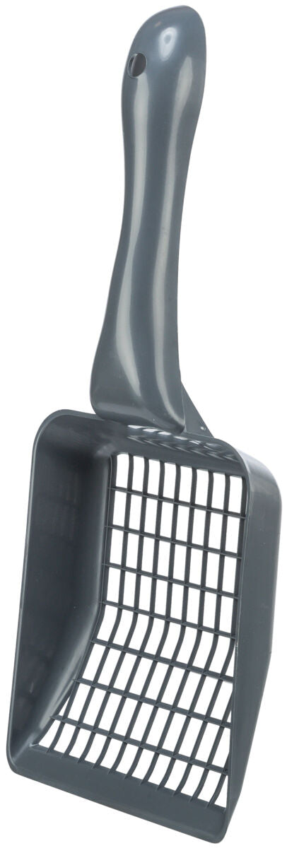 Dunkelgraue Schaufel aus Kunststoff mit Gitterdesign und ergonomischem Griff, geeignet zum Aufheben von Material.