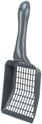 Dunkelgraue Schaufel aus Kunststoff mit Gitterdesign und ergonomischem Griff, geeignet zum Aufheben von Material.