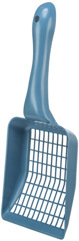 Blaue Schaufel mit Gitterdesign und rundem Griff, geeignet für den Einsatz bei Katzenstreu.
