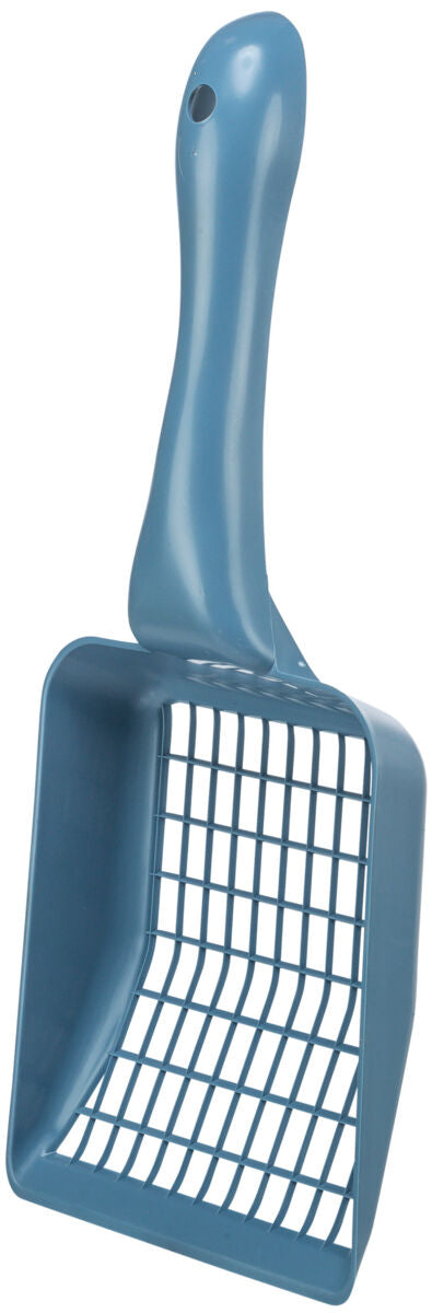 Blaue Schaufel mit Gitterdesign und rundem Griff, geeignet für den Einsatz bei Katzenstreu.