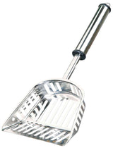 Metallschaufel mit länglichem Griff und Schlitzen in der Schaufelfläche, silberne Farbe.