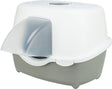 Geschlossene Katzentoilette mit Haube in Weiß und Grau, mit gebogenem transparentem Eingang.