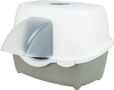 Geschlossene Katzentoilette mit Haube in Weiß und Grau, mit gebogenem transparentem Eingang.