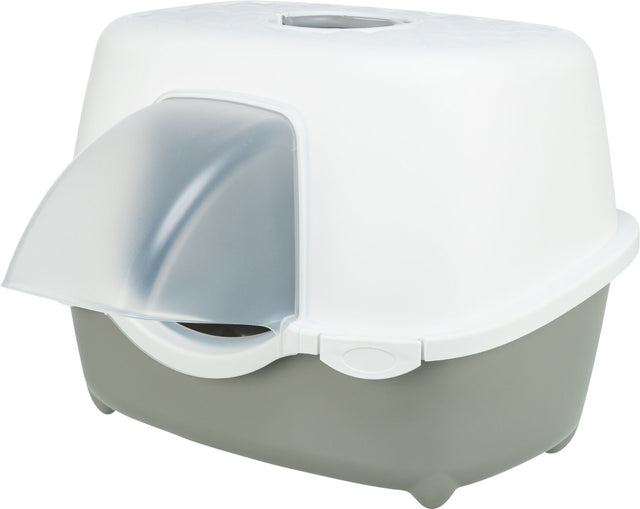 Geschlossene Katzentoilette mit Haube in Weiß und Grau, mit gebogenem transparentem Eingang.