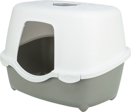 Weiße Katzentoilette mit Haube und grauem Boden, ovale Öffnung an der Vorderseite.
