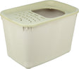 Beige Kunststoffbox mit abnehmbarem perforiertem Deckel und ovaler Öffnung.