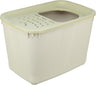 Beige Kunststoffbox mit abnehmbarem perforiertem Deckel und ovaler Öffnung.