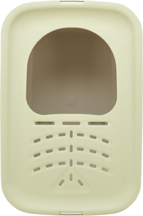 Beige Abdeckung mit ovaler Öffnung und belüfteten Schlitzen, möglicherweise Teil einer Katzentoilette.