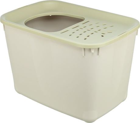Beigefarbene Katzentoilette mit abnehmbarer Haube und Lüftungsschlitzen im oberen Bereich.