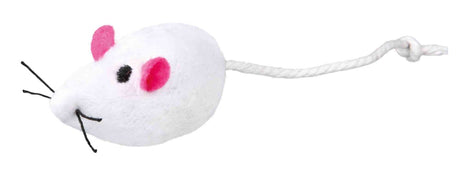 Weißes Spielzeug in Form einer Maus mit rosa Ohren, schwarzem Gesicht und angefügter Schnur.