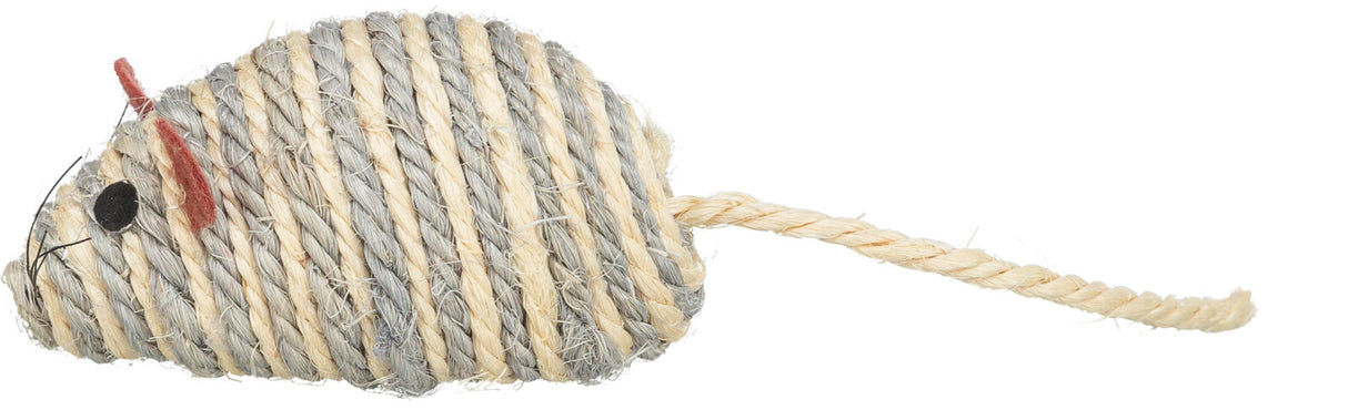 Spielzeugmaus aus beige-grauem, geflochtenem Seil mit roten Ohren und einer langen, beigen Schwanzschnur.