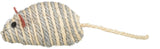 Spielzeugmaus aus beige-grauem, geflochtenem Seil mit roten Ohren und einer langen, beigen Schwanzschnur.