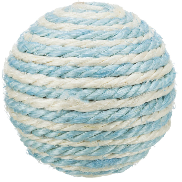 Runde Kugel aus verflochtenem, zweifarbigem Seil in Blau und Weiß.