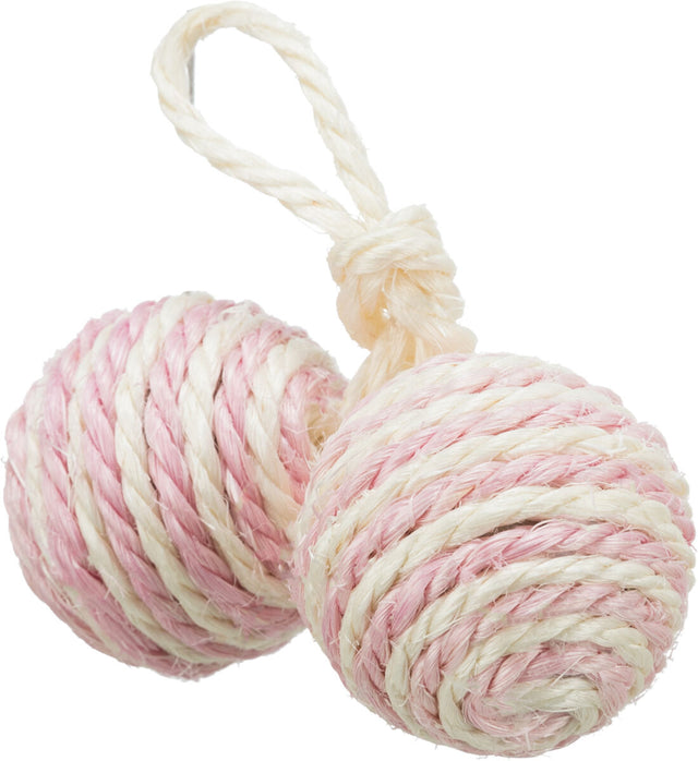 Zwei kugelförmige Bälle aus geflochtenem, zweifarbigem Seil in Rosa und Beige mit einer Schlaufe verbunden.