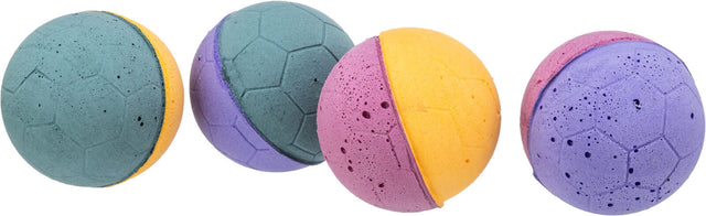 Vier bunte, zweifarbige Bälle mit einer strukturierten Oberfläche in den Farben Blau, Lila, Gelb und Pink.