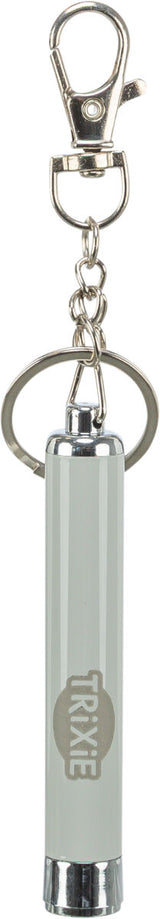 Silberner Metallkarabiner mit grauem, zylindrischem Anhänger und Kette, darauf der Schriftzug "Trixie".