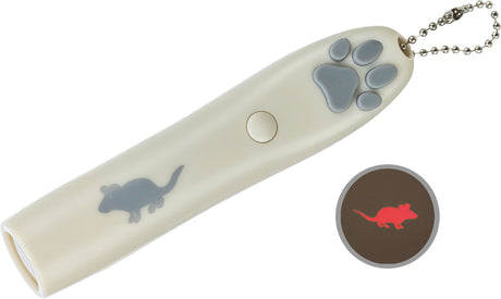 Beigefarbener Laserpointer mit grauem Pfotenabdruck und Maussymbolanhänger, zeigt rotes Maussymbol.