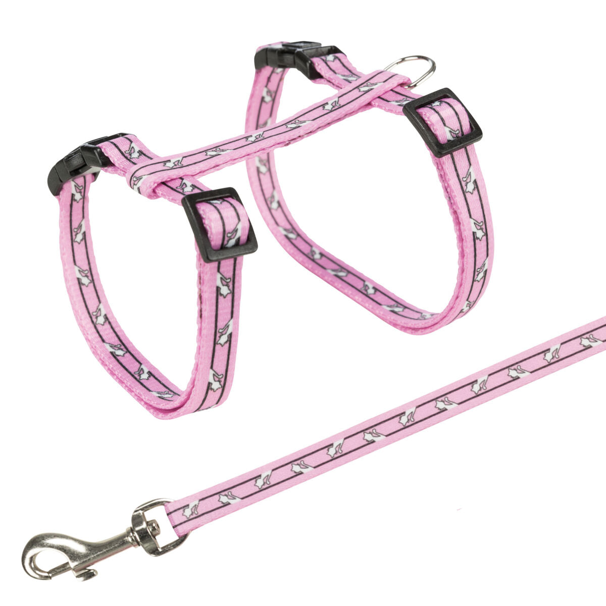 Rosa Hundegeschirr-Set mit schwarzem Verschluss und Leine, verziert mit kleinen weißen Hundemotiven.