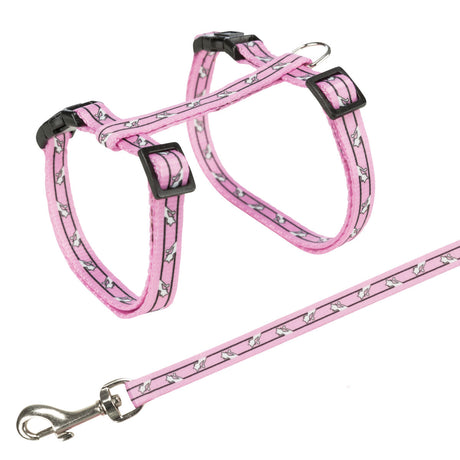 Rosa Hundegeschirr-Set mit schwarzem Verschluss und Leine, verziert mit kleinen weißen Hundemotiven.